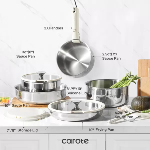 imageCAROTE 14pcs Pots and Pans Set Stainless Steel Cookware Set Detachable Handle Induction Kitchen Cookware Sets with Removable Handle RV Cookware Set Oven Safe Camping Cookware BlackStainless Steel