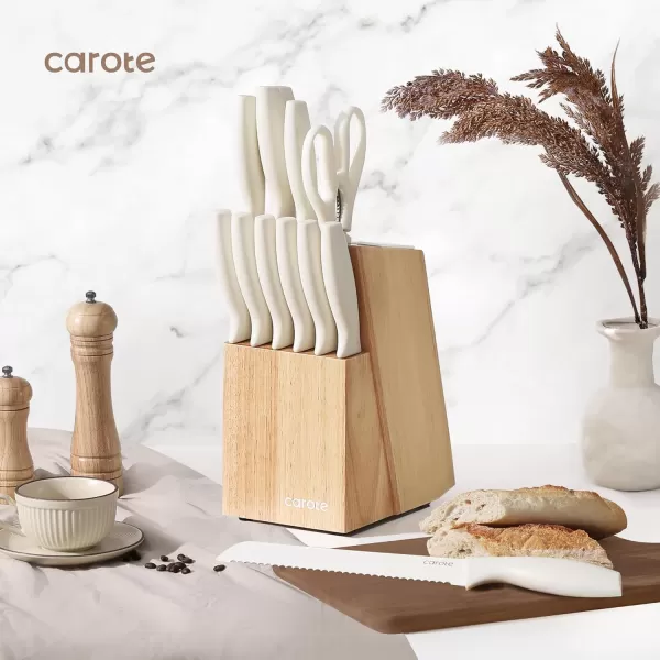 imageCAROTE 15Piece Knife Set Kitchen Knife Block Set Elegant White CeramicCoated Blades with Stylish Wooden Block for Modern Culinary Excellence