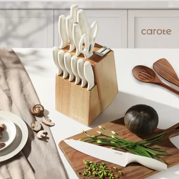 imageCAROTE 15Piece Knife Set Kitchen Knife Block Set Elegant White CeramicCoated Blades with Stylish Wooden Block for Modern Culinary Excellence
