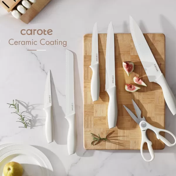 imageCAROTE 15Piece Knife Set Kitchen Knife Block Set Elegant White CeramicCoated Blades with Stylish Wooden Block for Modern Culinary Excellence