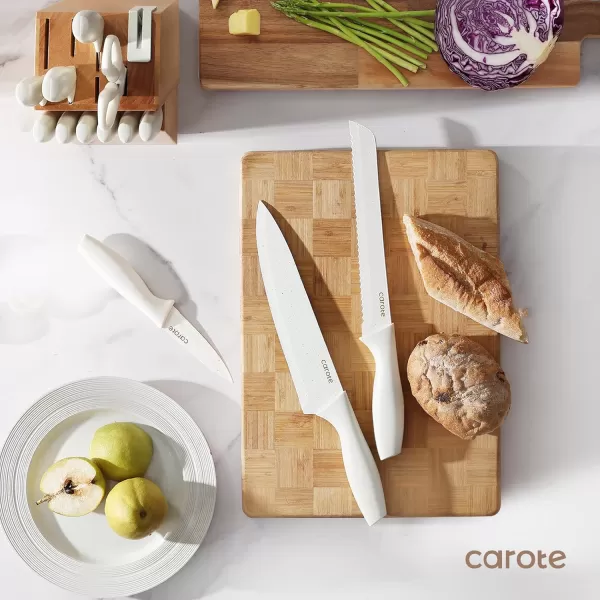 imageCAROTE 15Piece Knife Set Kitchen Knife Block Set Elegant White CeramicCoated Blades with Stylish Wooden Block for Modern Culinary Excellence