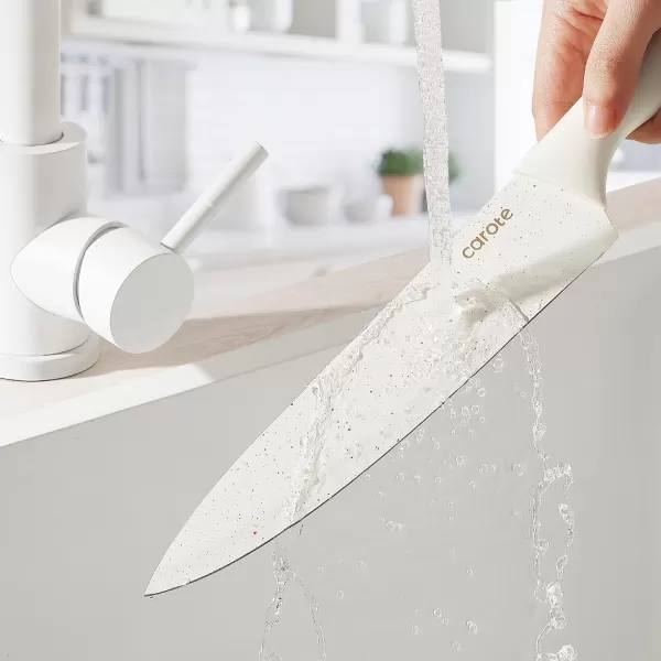 imageCAROTE 15Piece Knife Set Kitchen Knife Block Set Elegant White CeramicCoated Blades with Stylish Wooden Block for Modern Culinary Excellence