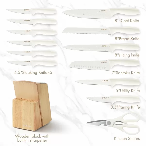 imageCAROTE 15Piece Knife Set Kitchen Knife Block Set Elegant White CeramicCoated Blades with Stylish Wooden Block for Modern Culinary Excellence