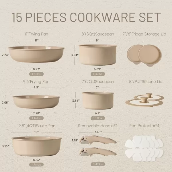 imageCAROTE 15pcs Ceramic Cookware Set Pots and Pans Set Induction Nonstick Kitchen Cookware Sets Non Stick RV Cookware Set with Detachable Handle DishwasherOven Safe Cookware Set Taupe15pcs Taupe Set