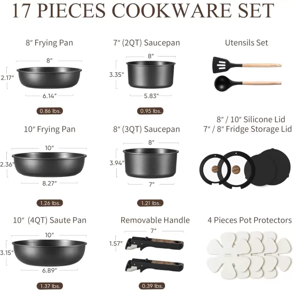 imageCAROTE 17pcs Pots and Pans Set Nonstick Cookware Set Detachable Handle Induction Kitchen Cookware Sets Non Stick with Removable Handle RV Cookware Set Oven Safe Jet BlackJet Black