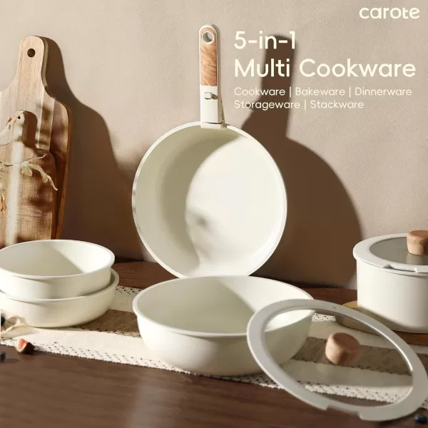 imageCAROTE 17pcs Pots and Pans Set Nonstick Cookware Set Detachable Handle Induction Kitchen Cookware Sets Non Stick with Removable Handle RV Cookware Set Oven Safe Jet BlackCream White