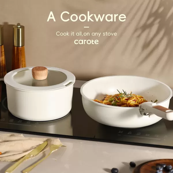imageCAROTE 17pcs Pots and Pans Set Nonstick Cookware Set Detachable Handle Induction Kitchen Cookware Sets Non Stick with Removable Handle RV Cookware Set Oven Safe Jet BlackCream White