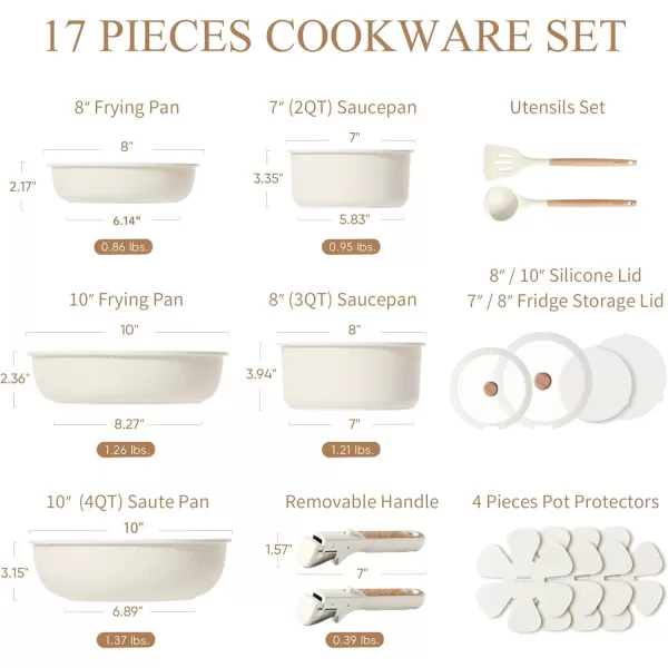 imageCAROTE 17pcs Pots and Pans Set Nonstick Cookware Set Detachable Handle Induction Kitchen Cookware Sets Non Stick with Removable Handle RV Cookware Set Oven Safe Jet BlackCream White