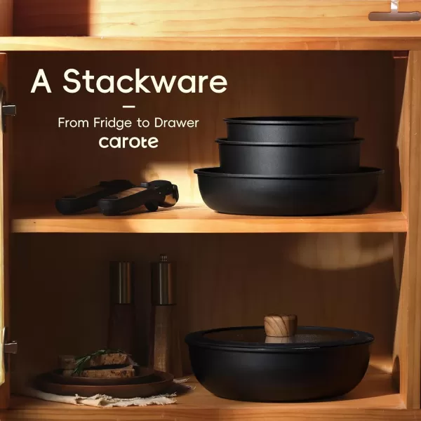 imageCAROTE 17pcs Pots and Pans Set Nonstick Cookware Set Detachable Handle Induction Kitchen Cookware Sets Non Stick with Removable Handle RV Cookware Set Oven Safe Jet BlackJet Black