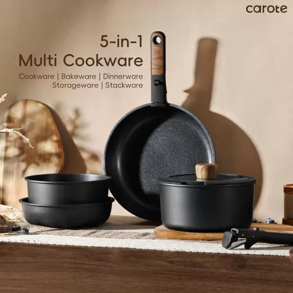 imageCAROTE 17pcs Pots and Pans Set Nonstick Cookware Set Detachable Handle Induction Kitchen Cookware Sets Non Stick with Removable Handle RV Cookware Set Oven Safe Jet BlackJet Black