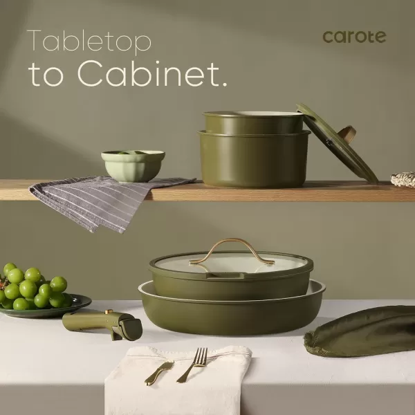 imageCAROTE 19pcs Pots and Pans Set Nonstick Cookware Set Detachable Handle Induction Kitchen Cookware Sets Non Stick with Removable Handle RV Cookware Set Gold and GreenEarthy Green