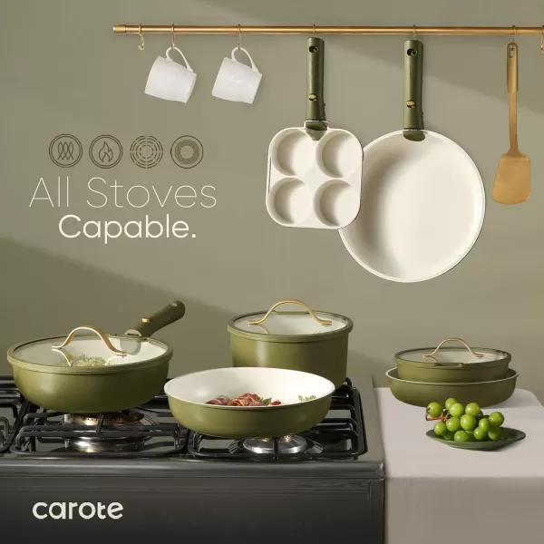 imageCAROTE 19pcs Pots and Pans Set Nonstick Cookware Set Detachable Handle Induction Kitchen Cookware Sets Non Stick with Removable Handle RV Cookware Set Gold and GreenEarthy Green