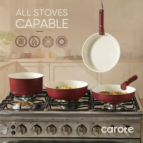 imageCAROTE 19pcs Pots and Pans Set Nonstick Cookware Set Detachable Handle Induction Kitchen Cookware Sets Non Stick with Removable Handle RV Cookware Set Gold and GreenGarnet Red