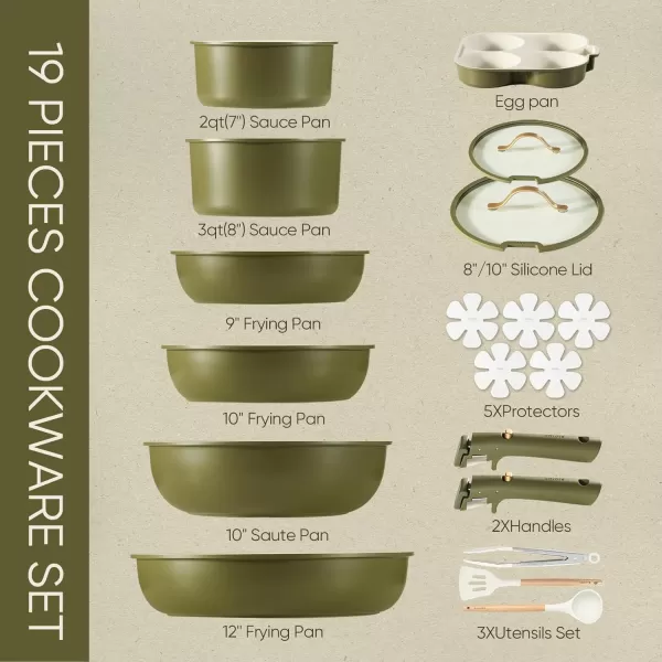 imageCAROTE 19pcs Pots and Pans Set Nonstick Cookware Set Detachable Handle Induction Kitchen Cookware Sets Non Stick with Removable Handle RV Cookware Set Gold and GreenEarthy Green