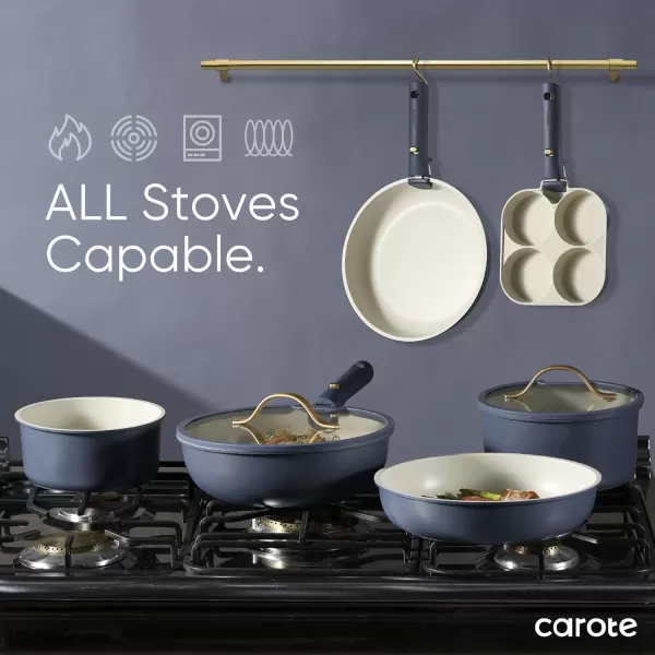 imageCAROTE 19pcs Pots and Pans Set Nonstick Cookware Set Detachable Handle Induction Kitchen Cookware Sets Non Stick with Removable Handle RV Cookware Set Gold and GreenPrussian Blue