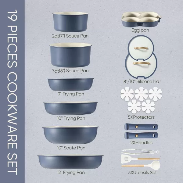imageCAROTE 19pcs Pots and Pans Set Nonstick Cookware Set Detachable Handle Induction Kitchen Cookware Sets Non Stick with Removable Handle RV Cookware Set Gold and GreenPrussian Blue