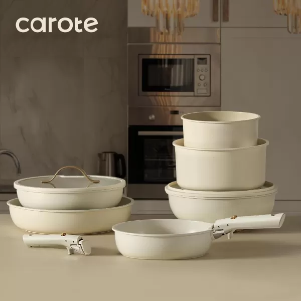 imageCAROTE 19pcs Pots and Pans Set Nonstick Cookware Set Detachable Handle Induction Kitchen Cookware Sets Non Stick with Removable Handle RV Cookware Set Gold and GreenCream White