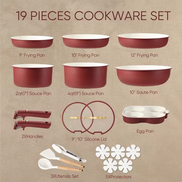 imageCAROTE 19pcs Pots and Pans Set Nonstick Cookware Set Detachable Handle Induction Kitchen Cookware Sets Non Stick with Removable Handle RV Cookware Set Gold and GreenGarnet Red