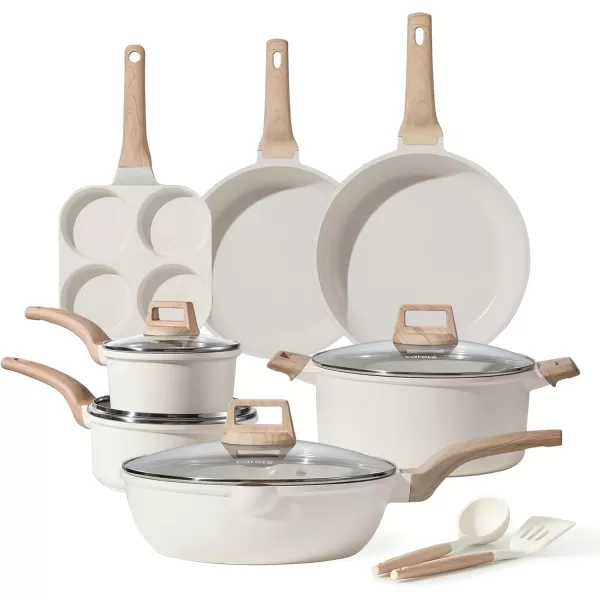 imageCAROTE 21Pcs Pots and Pans Set Nonstick Cookware Sets White Granite Induction Cookware Non Stick Cooking Set wFrying Pans ampamp SaucepansPFOS PFOA FreeCream White