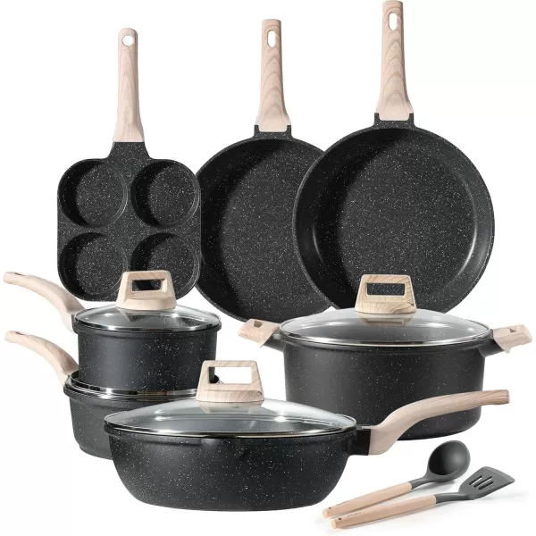 imageCAROTE 21Pcs Pots and Pans Set Nonstick Cookware Sets White Granite Induction Cookware Non Stick Cooking Set wFrying Pans ampamp SaucepansPFOS PFOA FreeClassic Black