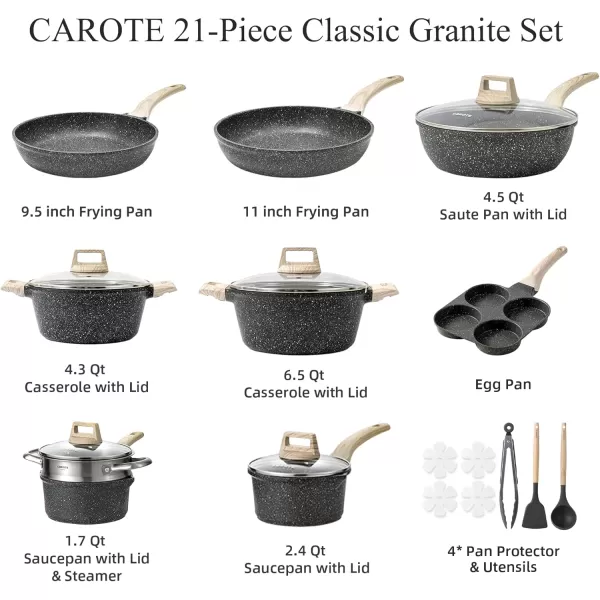 imageCAROTE 21Pcs Pots and Pans Set Nonstick Cookware Sets White Granite Induction Cookware Non Stick Cooking Set wFrying Pans ampamp SaucepansPFOS PFOA FreeClassic Black