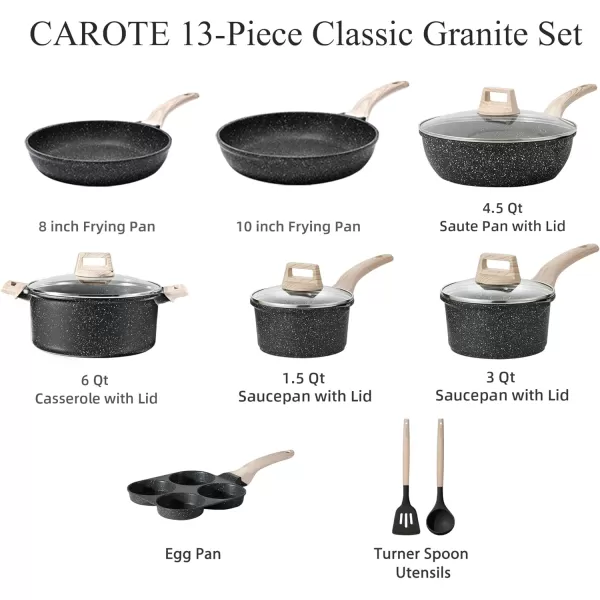 imageCAROTE 21Pcs Pots and Pans Set Nonstick Cookware Sets White Granite Induction Cookware Non Stick Cooking Set wFrying Pans ampamp SaucepansPFOS PFOA FreeClassic Black