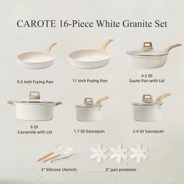imageCAROTE 21Pcs Pots and Pans Set Nonstick Cookware Sets White Granite Induction Cookware Non Stick Cooking Set wFrying Pans ampamp SaucepansPFOS PFOA FreeCream White