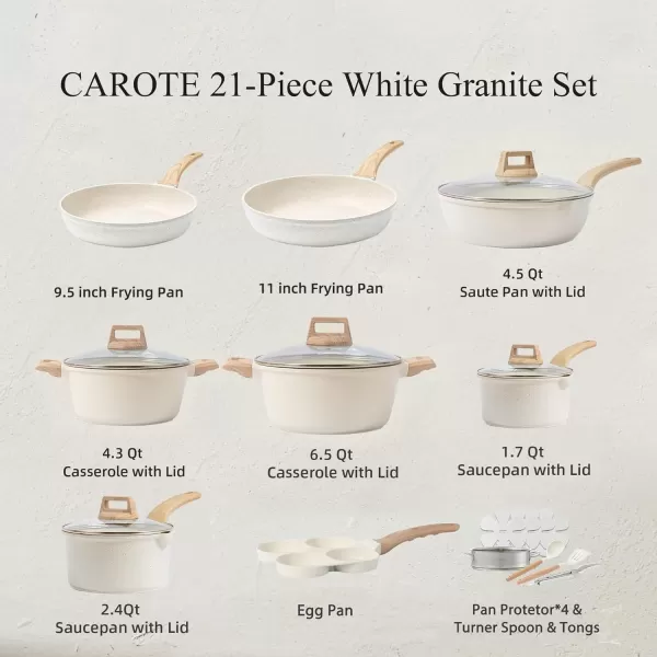 imageCAROTE 21Pcs Pots and Pans Set Nonstick Cookware Sets White Granite Induction Cookware Non Stick Cooking Set wFrying Pans ampamp SaucepansPFOS PFOA FreeCream White
