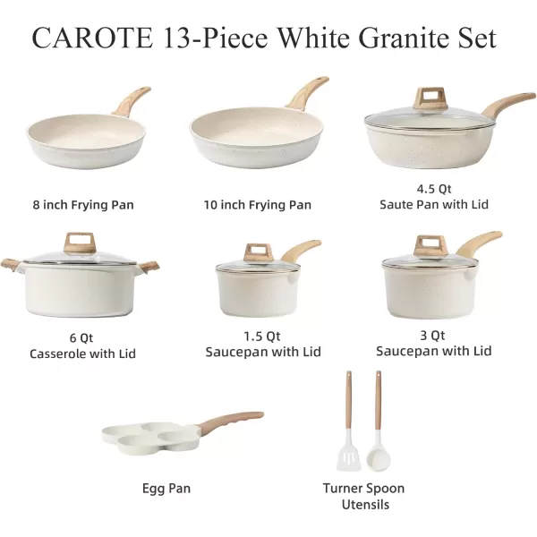 imageCAROTE 21Pcs Pots and Pans Set Nonstick Cookware Sets White Granite Induction Cookware Non Stick Cooking Set wFrying Pans ampamp SaucepansPFOS PFOA FreeCream White