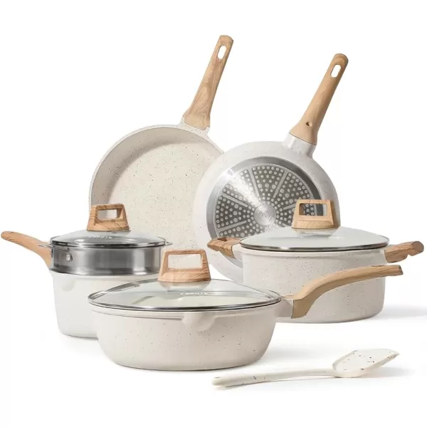 imageCAROTE 21Pcs Pots and Pans Set Nonstick Cookware Sets White Granite Induction Cookware Non Stick Cooking Set wFrying Pans ampamp SaucepansPFOS PFOA FreeCream White