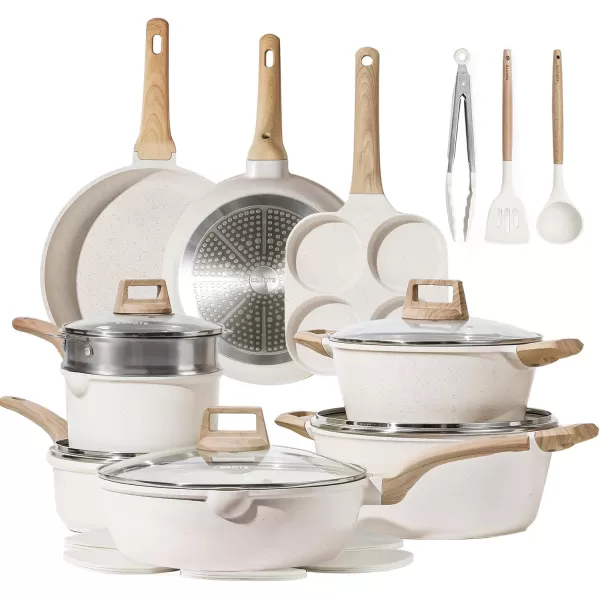 imageCAROTE 21Pcs Pots and Pans Set Nonstick Cookware Sets White Granite Induction Cookware Non Stick Cooking Set wFrying Pans ampamp SaucepansPFOS PFOA FreeCream White