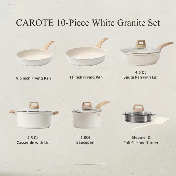 imageCAROTE 21Pcs Pots and Pans Set Nonstick Cookware Sets White Granite Induction Cookware Non Stick Cooking Set wFrying Pans ampamp SaucepansPFOS PFOA FreeCream White