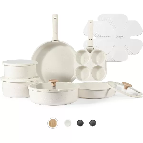 imageCAROTE 25pcs Detachable Handle Pots and Pans Set Nonstick Cookware Set Removable Handle Pots and Pans Non Stick RV Oven Safe Cookware Induction Kitchen Set Cream WhiteWooden