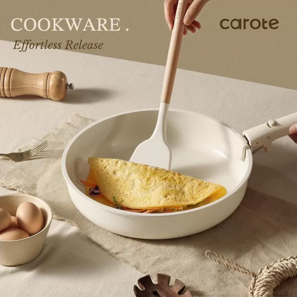 imageCAROTE 25pcs Detachable Handle Pots and Pans Set Nonstick Cookware Set Removable Handle Pots and Pans Non Stick RV Oven Safe Cookware Induction Kitchen Set Cream WhiteWooden