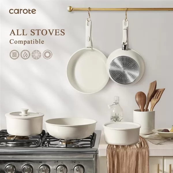 imageCAROTE 25pcs Detachable Handle Pots and Pans Set Nonstick Cookware Set Removable Handle Pots and Pans Non Stick RV Oven Safe Cookware Induction Kitchen Set Cream WhiteWooden