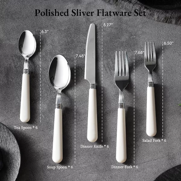 imageCAROTE 30PCS Silverware Set Stainless Steel Flatware Set with White Handle Dining Table Set for 6 Kitchen Utensil Sets for Home Restaurant Mirror Polished Spoon and Fork Set Dishwasher Safe30pcs