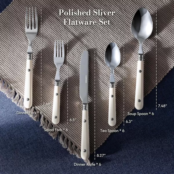 imageCAROTE 30Piece Silver set Stainless Steel Flatware Set with White Handles TripleRiveted ampamp Full Tang Design Kitchen Utensils Set Mirror Polished Durable WhiteWhite