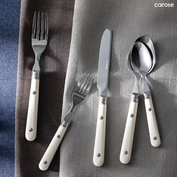 imageCAROTE 30Piece Silver set Stainless Steel Flatware Set with White Handles TripleRiveted ampamp Full Tang Design Kitchen Utensils Set Mirror Polished Durable WhiteWhite