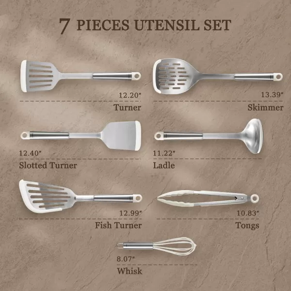 imageCAROTE 7PCS Cooking Utensils Set Stainless Steel Kitchen Utensill Set Kitchen Gadgets for Nonstick Pots and Pans Utensil Sets with Tongs Ladle Spatula ampampTurner White