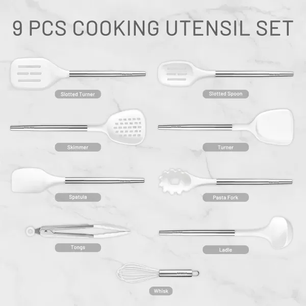 imageCAROTE 9PCS Kitchen Utensils Set Silicone Kitchen Utensils Set with Stainless Steel Handle for NonStick Cookware Set Dishwasher Safe WhiteWhite