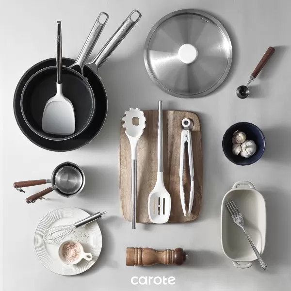 imageCAROTE 9PCS Kitchen Utensils Set Silicone Kitchen Utensils Set with Stainless Steel Handle for NonStick Cookware Set Dishwasher Safe WhiteWhite