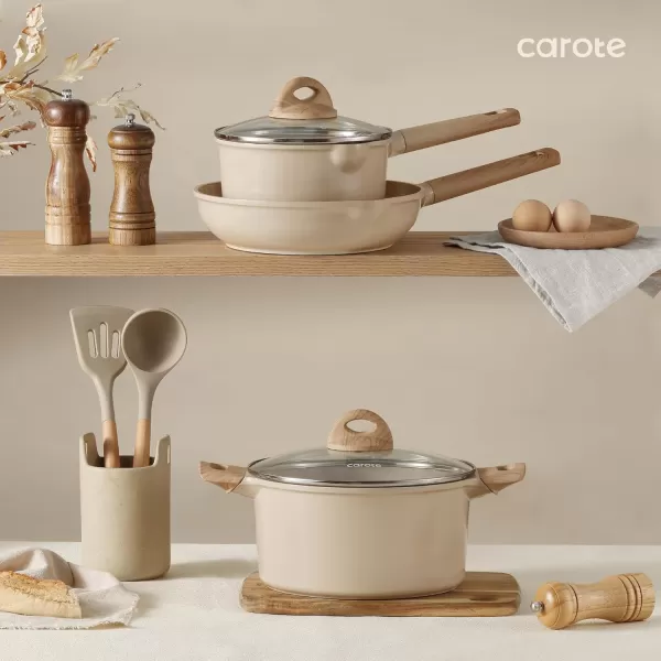 imageCAROTE Ceramic Cookware Set 12 Piece Healthy ampamp PFOAPFAS Free Nonstick Pots and Pans Set InductionCompatible Navy BlueTaupe
