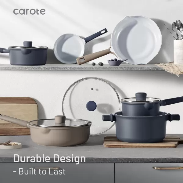 imageCAROTE Ceramic Cookware Set 12 Piece Healthy ampamp PFOAPFAS Free Nonstick Pots and Pans Set InductionCompatible Navy BlueTaupe