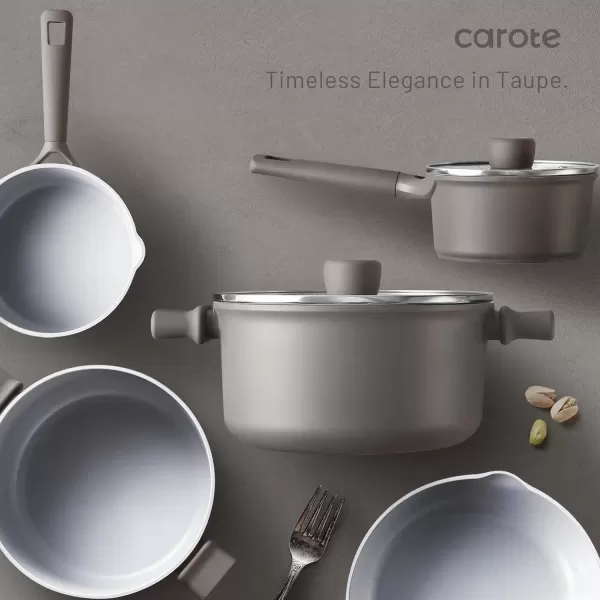 imageCAROTE Ceramic Cookware Set 12 Piece Healthy ampamp PFOAPFAS Free Nonstick Pots and Pans Set InductionCompatible Navy BlueTaupe