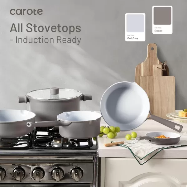 imageCAROTE Ceramic Cookware Set 12 Piece Healthy ampamp PFOAPFAS Free Nonstick Pots and Pans Set InductionCompatible Navy BlueTaupe