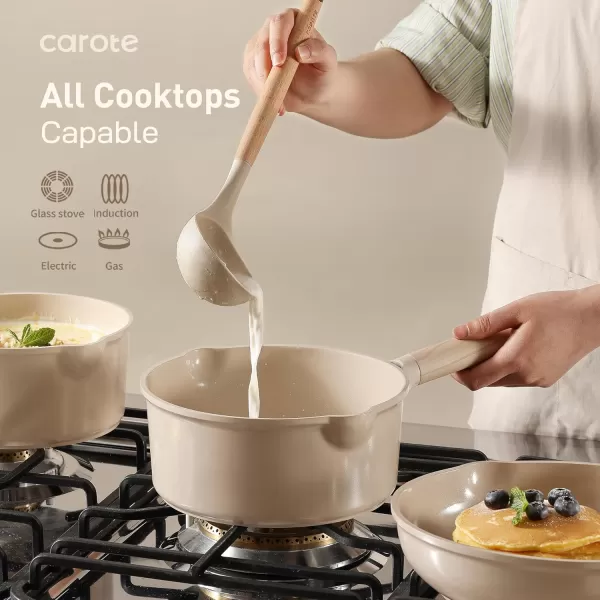 imageCAROTE Ceramic Cookware Set 12 Piece Healthy ampamp PFOAPFAS Free Nonstick Pots and Pans Set InductionCompatible Navy BlueTaupe