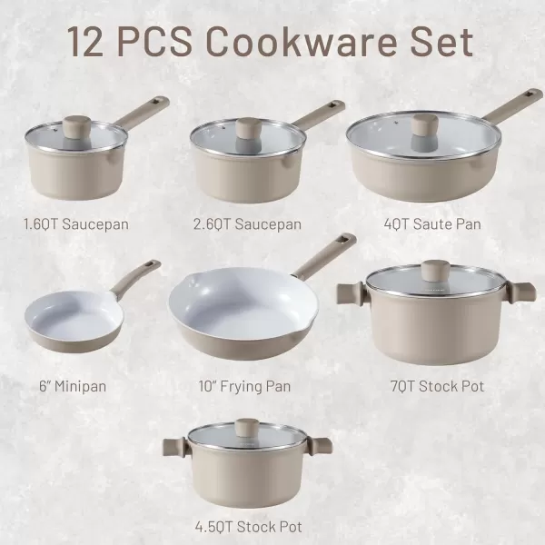 imageCAROTE Ceramic Cookware Set 12 Piece Healthy ampamp PFOAPFAS Free Nonstick Pots and Pans Set InductionCompatible Navy BlueTaupe