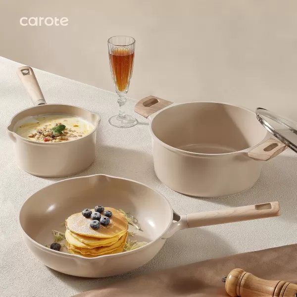 imageCAROTE Ceramic Cookware Set 12 Piece Healthy ampamp PFOAPFAS Free Nonstick Pots and Pans Set InductionCompatible Navy BlueTaupe