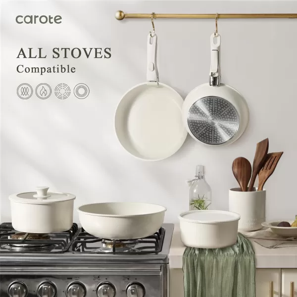 imageCAROTE Nonstick Cookware Sets Non Stick Pots and Pans Set Detachable Handle Kitchen Cookware Sets with Removable Handle Stackable RV Cookware for Campers Oven Safe White 5 PCSCream White
