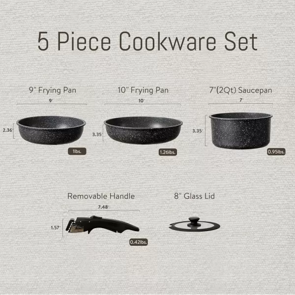 imageCAROTE Nonstick Cookware Sets Non Stick Pots and Pans Set Detachable Handle Kitchen Cookware Sets with Removable Handle Stackable RV Cookware for Campers Oven Safe White 5 PCSMidnight Black